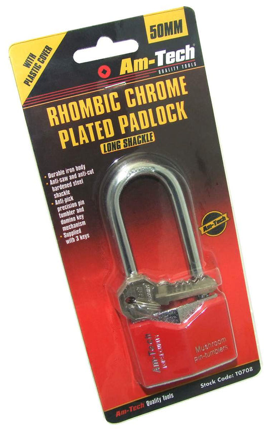 Amtech 50mm Long Shackle Rhombic Chrome Plated Iron Padlock