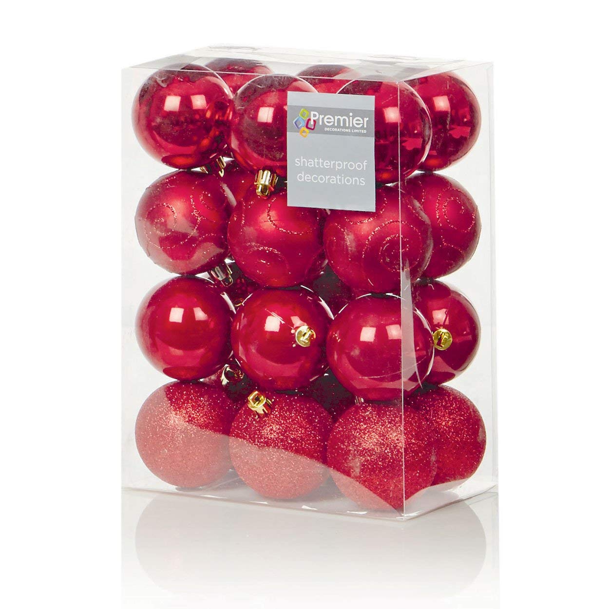 Premier Decorations 60mm Multi Finish Baubles - Pack 24 Red