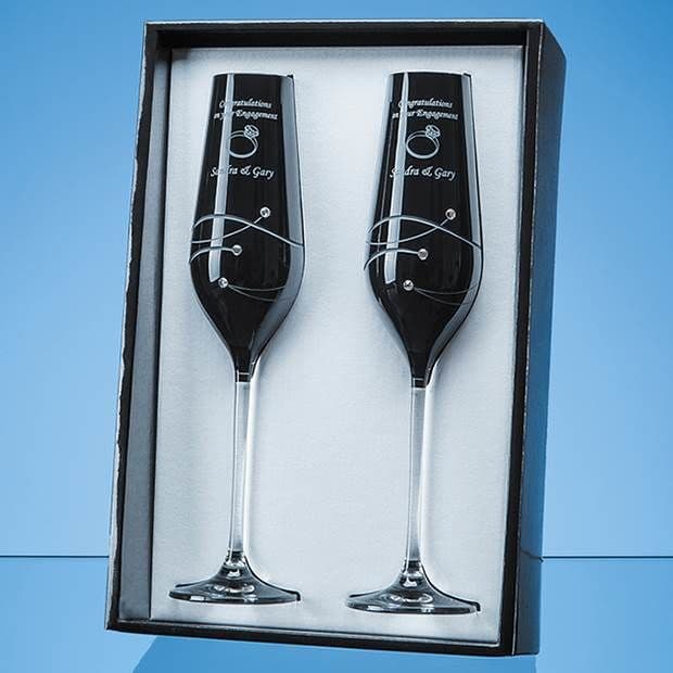2 Onyx Black Champagne Flutes Spiral Design in Gift Box