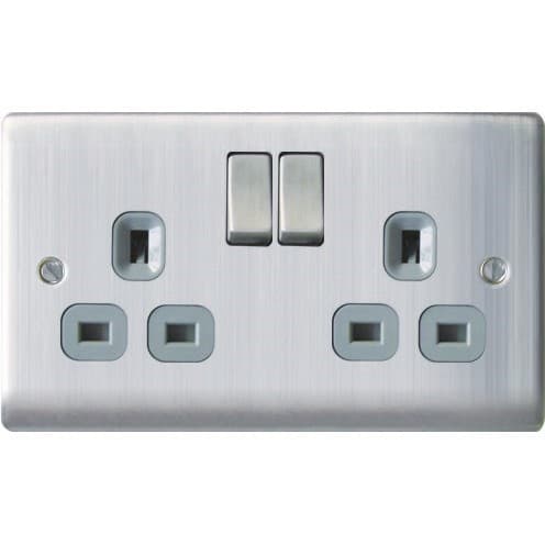 Nexus 2 Gang DP Switched Socket Brushed St/Steel/Grey