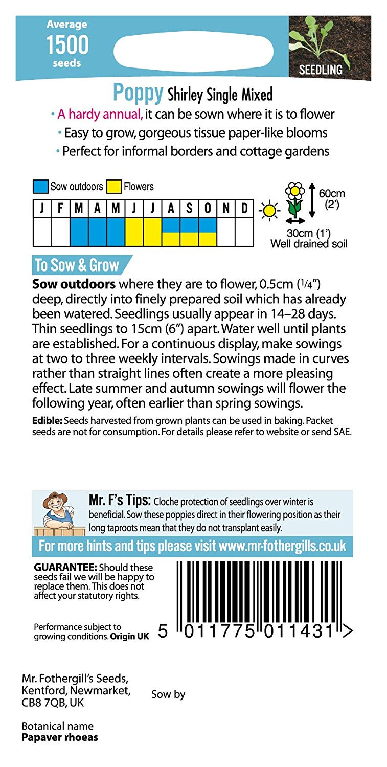 Mr.Fothergill's Poppy Shirley Single Mixed Flower Seeds