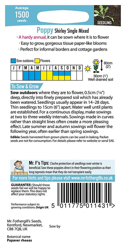 Mr.Fothergill's Poppy Shirley Single Mixed Flower Seeds