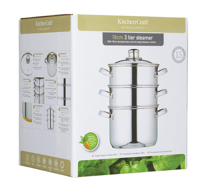KitchenCraft 3-Tier Food Steamer Pan/Stock Pot Stainless Steel - 18cm