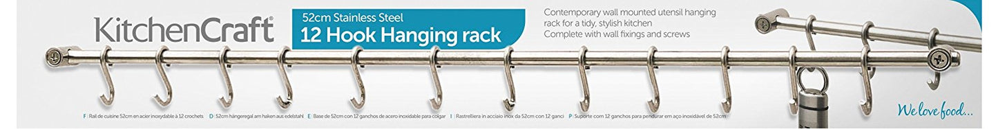KitchenCraft Stainless Steel Utensil Hanging Rack with 12 Hooks 52 cm