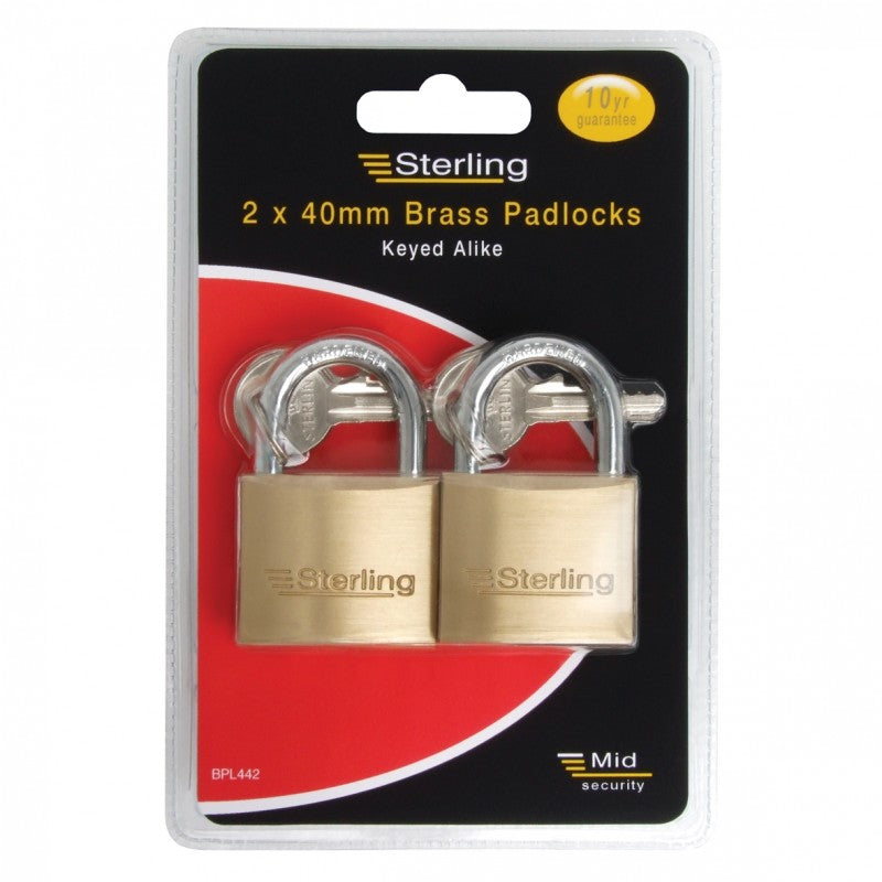 Sterling Hardware Standard Brass Padlock 40mm Twin Pack