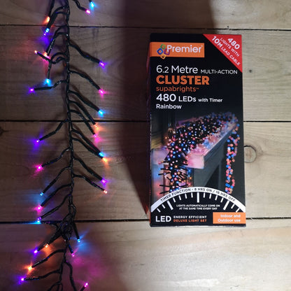 Premier Decorations 480 Multi Action LED Cluster Lights Rainbow with Timer