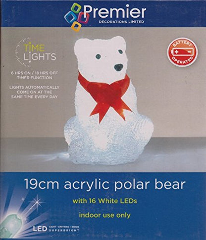 Premier Decorations 19cm Acrylic Polar Bear Time Lights 16 White LEDs