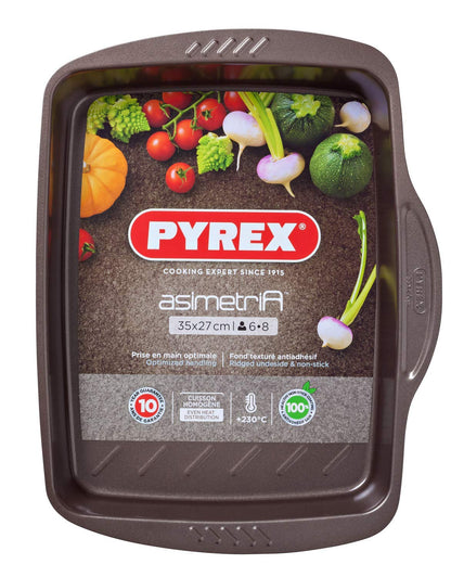 Pyrex Large Metal Asimetria Easy-Grip Roasting Tin 35 x 27cm Brown