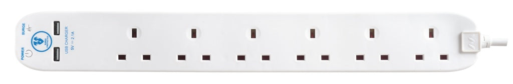 Masterplug 6-Gang Surge Extension Lead With 2 USB Ports
